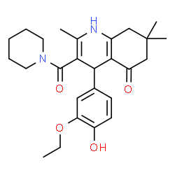 ChemSpider 2D Image | 4-(3-Ethoxy-4-hydroxyphenyl)-2,7,7-trimethyl-3-(1-piperidinylcarbonyl)-4,6,7,8-tetrahydro-5(1H)-quinolinone | C26H34N2O4