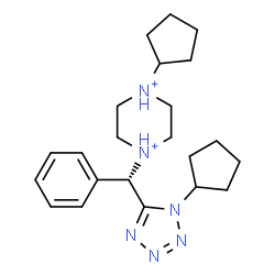 ChemSpider 2D Image | 1-Cyclopentyl-4-[(S)-(1-cyclopentyl-1H-tetrazol-5-yl)(phenyl)methyl]piperazinediium | C22H34N6