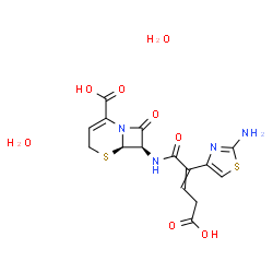 ChemSpider 2D Image | (6R,7R)-7-{[2-(2-Amino-1,3-thiazol-4-yl)-4-carboxy-2-butenoyl]amino}-8-oxo-5-thia-1-azabicyclo[4.2.0]oct-2-ene-2-carboxylic acid dihydrate | C15H18N4O8S2