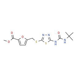 ChemSpider 2D Image | Methyl 5-{[(5-{[(2-methyl-2-propanyl)carbamoyl]amino}-1,3,4-thiadiazol-2-yl)sulfanyl]methyl}-2-furoate | C14H18N4O4S2