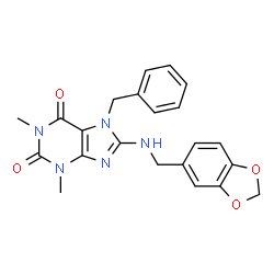 ChemSpider 2D Image | 8-[(1,3-Benzodioxol-5-ylmethyl)amino]-7-benzyl-1,3-dimethyl-3,7-dihydro-1H-purine-2,6-dione | C22H21N5O4