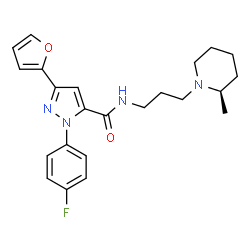 ChemSpider 2D Image | 1-(4-Fluorophenyl)-3-(2-furyl)-N-{3-[(2R)-2-methyl-1-piperidinyl]propyl}-1H-pyrazole-5-carboxamide | C23H27FN4O2