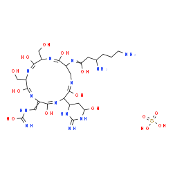 ChemSpider 2D Image | 3,6-Diamino-N-[(1E,4E,7E,10E,13E)-2,5,8,11,14-pentahydroxy-3-(6-hydroxy-2-iminohexahydro-4-pyrimidinyl)-6-({[hydroxy(imino)methyl]amino}methylene)-9,12-bis(hydroxymethyl)-1,4,7,10,13-pentaazacyclohexa
deca-1,4,7,10,13-pentaen-15-yl]hexanimidic acid sulfate (1:1) | C25H45N13O14S