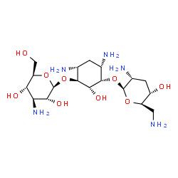 ChemSpider 2D Image | (1S,2S,3S,4S,6R)-4,6-Diamino-3-[(2,6-diamino-2,3,6-trideoxy-beta-D-ribo-hexopyranosyl)oxy]-2-hydroxycyclohexyl 3-amino-3-deoxy-beta-D-glucopyranoside | C18H37N5O9