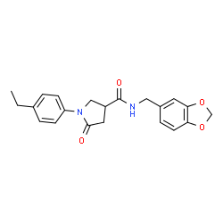 ChemSpider 2D Image | N-(1,3-Benzodioxol-5-ylmethyl)-1-(4-ethylphenyl)-5-oxo-3-pyrrolidinecarboxamide | C21H22N2O4