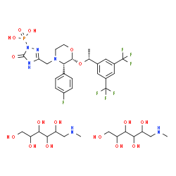 ChemSpider 2D Image | (3-{[(2R,3S)-2-{(1R)-1-[3,5-Bis(trifluoromethyl)phenyl]ethoxy}-3-(4-fluorophenyl)-4-morpholinyl]methyl}-5-oxo-4,5-dihydro-1H-1,2,4-triazol-1-yl)phosphonic acid - 1-deoxy-1-(methylamino)hexitol (1:2) | C37H56F7N6O16P
