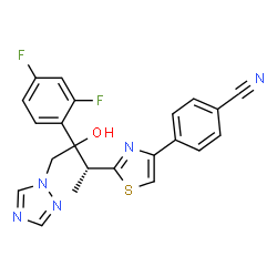 ChemSpider 2D Image | 4-{2-[(2R)-3-(2,4-Difluorophenyl)-3-hydroxy-4-(1H-1,2,4-triazol-1-yl)-2-butanyl]-1,3-thiazol-4-yl}benzonitrile | C22H17F2N5OS