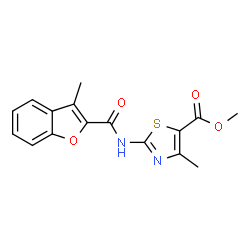 ChemSpider 2D Image | Methyl 4-methyl-2-{[(3-methyl-1-benzofuran-2-yl)carbonyl]amino}-1,3-thiazole-5-carboxylate | C16H14N2O4S