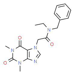 ChemSpider 2D Image | N-Benzyl-2-(1,3-dimethyl-2,6-dioxo-1,2,3,6-tetrahydro-7H-purin-7-yl)-N-ethylacetamide | C18H21N5O3