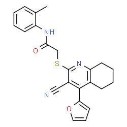ChemSpider 2D Image | 2-[[3-cyano-4-(2-furanyl)-5,6,7,8-tetrahydroquinolin-2-yl]thio]-N-(2-methylphenyl)acetamide | C23H21N3O2S