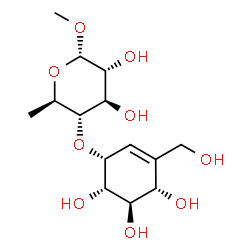 ChemSpider 2D Image | Methyl 6-deoxy-4-O-[(1R,4S,5R,6S)-4,5,6-trihydroxy-3-(hydroxymethyl)-2-cyclohexen-1-yl]-alpha-D-glucopyranoside | C14H24O9