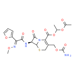 ChemSpider 2D Image | 1-Acetoxyethyl (7S)-3-[(carbamoyloxy)methyl]-7-{[(2E)-2-(2-furyl)-2-(methoxyimino)acetyl]amino}-8-oxo-5-thia-1-azabicyclo[4.2.0]oct-2-ene-2-carboxylate | C20H22N4O10S