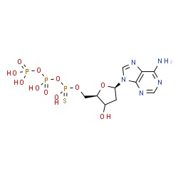 ChemSpider 2D Image | 9-[(3xi)-2-Deoxy-5-O-(hydroxy{[hydroxy(phosphonooxy)phosphoryl]oxy}phosphorothioyl)-beta-D-glycero-pentofuranosyl]-9H-purin-6-amine | C10H16N5O11P3S