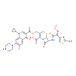 ChemSpider 2D Image | (6R,7R)-7-{[(2Z)-2-(2-Amino-1,3-thiazol-4-yl)-2-(methoxyimino)acetyl]amino}-3-[({[1-cyclopropyl-6-fluoro-4-oxo-7-(1-piperazinyl)-1,4-dihydro-3-quinolinyl]carbonyl}oxy)methyl]-8-oxo-5-thia-1-azabicyclo
[4.2.0]oct-2-ene-2-carboxylic acid | C31H31FN8O8S2