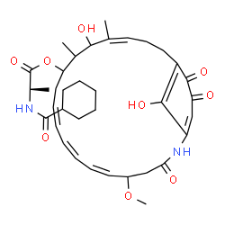 ChemSpider 2D Image | (6Z,8Z,10Z,16Z)-15,24-Dihydroxy-5-methoxy-14,16-dimethyl-3,21,22-trioxo-2-azabicyclo[18.3.1]tetracosa-1(23),6,8,10,16,20(24)-hexaen-13-yl N-(cyclohexylcarbonyl)-D-alaninate | C36H48N2O9