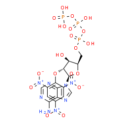 ChemSpider 2D Image | 9-[5-O-(Hydroxy{[hydroxy(phosphonooxy)phosphoryl]oxy}phosphoryl)-2-O-(2,4,6-trinitrophenyl)-beta-D-xylofuranosyl]-9H-purin-6-amine | C16H17N8O19P3