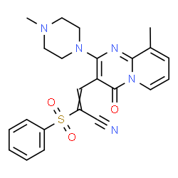 ChemSpider 2D Image | 3-[9-Methyl-2-(4-methyl-1-piperazinyl)-4-oxo-4H-pyrido[1,2-a]pyrimidin-3-yl]-2-(phenylsulfonyl)acrylonitrile | C23H23N5O3S