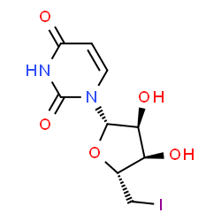 ChemSpider 2D Image | 1-(5-Deoxy-5-iodo-beta-L-ribofuranosyl)-2,4(1H,3H)-pyrimidinedione | C9H11IN2O5