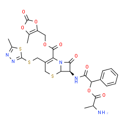 ChemSpider 2D Image | (5-Methyl-2-oxo-1,3-dioxol-4-yl)methyl (7R)-7-{[(alanyloxy)(phenyl)acetyl]amino}-3-{[(5-methyl-1,3,4-thiadiazol-2-yl)sulfanyl]methyl}-8-oxo-5-thia-1-azabicyclo[4.2.0]oct-2-ene-2-carboxylate | C27H27N5O9S3