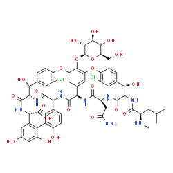 ChemSpider 2D Image | (1S,2R,18R,22S,25R,28R,40S)-22-(2-Amino-2-oxoethyl)-5,15-dichloro-48-[(4xi)-beta-D-xylo-hexopyranosyloxy]-2,18,32,35,37-pentahydroxy-19-[(N-methyl-D-leucyl)amino]-20,23,26,42,44-pentaoxo-7,13-dioxa-21
,24,27,41,43-pentaazaoctacyclo[26.14.2.2~3,6~.2~14,17~.1~8,12~.1~29,33~.0~10,25~.0~34,39~]pentaconta-3,5,8(48),9,11,14,16,29(45),30,32,34,36,38,46,49-pentadecaene-40-carboxylic acid | C59H62Cl2N8O22