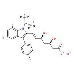 ChemSpider 2D Image | Sodium (3R,5S,6E)-7-[3-(4-fluorophenyl)-1-[(~2~H_7_)-2-propanyl](5,7-~2~H_2_)-1H-indol-2-yl]-3,5-dihydroxy-6-heptenoate | C24H16D9FNNaO4