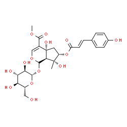 ChemSpider 2D Image | Methyl (1S,4aR,6S,7R,7aS)-1-(beta-D-glucopyranosyloxy)-4a,7-dihydroxy-6-{[(2E)-3-(4-hydroxyphenyl)-2-propenoyl]oxy}-7-methyl-1,4a,5,6,7,7a-hexahydrocyclopenta[c]pyran-4-carboxylate | C26H32O14