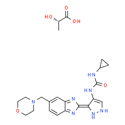 ChemSpider 2D Image | (2S)-2-Hydroxypropanoic acid - 1-cyclopropyl-3-{(3E)-3-[5-(4-morpholinylmethyl)-2H-benzimidazol-2-ylidene]-2,3-dihydro-1H-pyrazol-4-yl}urea (1:1) | C22H29N7O5