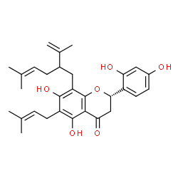 ChemSpider 2D Image | (2S)-2-(2,4-Dihydroxyphenyl)-5,7-dihydroxy-8-(2-isopropenyl-5-methyl-4-hexen-1-yl)-6-(3-methyl-2-buten-1-yl)-2,3-dihydro-4H-chromen-4-one | C30H36O6