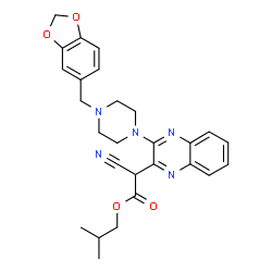 ChemSpider 2D Image | Isobutyl {3-[4-(1,3-benzodioxol-5-ylmethyl)-1-piperazinyl]-2-quinoxalinyl}(cyano)acetate | C27H29N5O4