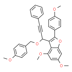 ChemSpider 2D Image | 4,6-Dimethoxy-3-{1-[(4-methoxybenzyl)oxy]-3-phenyl-2-propyn-1-yl}-2-(4-methoxyphenyl)-1-benzofuran | C34H30O6