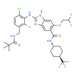 ChemSpider 2D Image | 2-[(2,6-Dichloro-3-{[(2,2-dimethylpropanoyl)amino]methyl}phenyl)amino]-6-(2,2-difluoroethoxy)-1-methyl-N-[trans-4-(trifluoromethyl)cyclohexyl]-1H-benzimidazole-5-carboxamide | C30H34Cl2F5N5O3