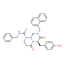 ChemSpider 2D Image | (6R,9aR)-N-Benzyl-6-(4-hydroxybenzyl)-8-(1-naphthylmethyl)-4,7-dioxohexahydro-2H-pyrazino[1,2-a]pyrimidine-1(6H)-carboxamide | C33H32N4O4