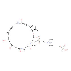 ChemSpider 2D Image | N,N-Diethyl-2-{[(6R,10R,11R,12Z,17Z,19Z,21S)-21-hydroxy-10-isopropyl-11,19-dimethyl-2,8,14,23-tetraoxo-9,26-dioxa-3,15,28-triazatricyclo[23.2.1.0~3,7~]octacosa-1(27),12,17,19,25(28)-pentaen-6-yl]sulfo
nyl}ethanaminium methanesulfonate | C35H54N4O12S2