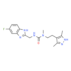 ChemSpider 2D Image | 1-[2-(3,5-Dimethyl-1H-pyrazol-4-yl)ethyl]-3-[(5-fluoro-1H-benzimidazol-2-yl)methyl]-1-methylurea | C17H21FN6O
