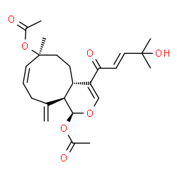 ChemSpider 2D Image | (1S,4aS,7S,8Z,11aR)-4-[(2E)-4-Hydroxy-4-methyl-2-pentenoyl]-7-methyl-11-methylene-1,4a,5,6,7,10,11,11a-octahydrocyclonona[c]pyran-1,7-diyl diacetate | C24H32O7