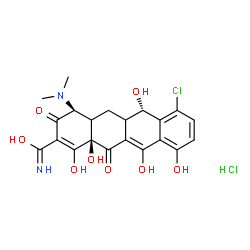ChemSpider 2D Image | (4S,6S,12aR)-7-Chloro-4-(dimethylamino)-1,6,10,11,12a-pentahydroxy-3,12-dioxo-3,4,4a,5,5a,6,12,12a-octahydro-2-tetracenecarboximidic acid hydrochloride (1:1) | C21H22Cl2N2O8