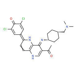 ChemSpider 2D Image | 4-[(8E)-7-Acetyl-8-({cis-4-[(dimethylamino)methyl]cyclohexyl}imino)-5,8-dihydro-1,5-naphthyridin-2(1H)-ylidene]-2,6-dichloro-2,5-cyclohexadien-1-one | C25H28Cl2N4O2