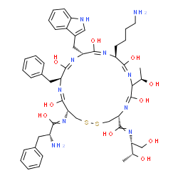 ChemSpider 2D Image | (4R,5E,8E,10S,11E,13R,14E,16S,17E,19R)-10-(4-Aminobutyl)-19-{[(2R)-2-amino-1-hydroxy-3-phenylpropylidene]amino}-16-benzyl-N-[(2R,3R)-1,3-dihydroxy-2-butanyl]-6,9,12,15,18-pentahydroxy-7-[(1R)-1-hydrox
yethyl]-13-(1H-indol-3-ylmethyl)-1,2-dithia-5,8,11,14,17-pentaazacycloicosa-5,8,11,14,17-pentaene-4-carboximidic acid | C49H66N10O10S2