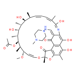 ChemSpider 2D Image | (7S,9Z,11S,12R,13S,14R,15R,16R,17S,18S,19Z,21Z,23E,26Z)-2,15,17,23,29-Pentahydroxy-11-methoxy-3,7,12,14,16,18,22-heptamethyl-26-{[(4-methyl-1-piperazinyl)amino]methylene}-6,27-dioxo-8,30-dioxa-24-azat
etracyclo[23.3.1.1~4,7~.0~5,28~]triaconta-1(28),2,4,9,19,21,23,25(29)-octaen-13-yl acetate | C43H58N4O12