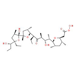 ChemSpider 2D Image | {(2S,3R,5S,6S)-6-[(2S,3S,4S,6R)-6-{(2S,2'R,3'R,4S,5S,5'R)-5'-Ethyl-2'-hydroxy-5'-[(1S)-1-hydroxypropyl]-2,3',4-trimethyloctahydro-2,2'-bifuran-5-yl}-3-hydroxy-4-methyl-5-oxo-2-octanyl]-3,5-dimethyltet
rahydro-2H-pyran-2-yl}ethaneperoxoic acid | C34H60O10