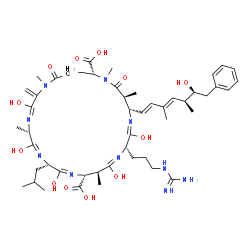 ChemSpider 2D Image | (3E,5S,6E,8S,9E,11R,12S,13E,15S,16E,18S,19S,22R)-15-(3-Carbamimidamidopropyl)-3,6,9,13,16-pentahydroxy-18-[(1E,3E,5S,6S)-6-hydroxy-3,5-dimethyl-7-phenyl-1,3-heptadien-1-yl]-8-isobutyl-1,5,12,19,21-pen
tamethyl-2-methylene-20,25-dioxo-1,4,7,10,14,17,21-heptaazacyclopentacosa-3,6,9,13,16-pentaene-11,22-dicarboxylic acid | C49H74N10O12