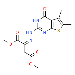 ChemSpider 2D Image | Dimethyl (2Z)-2-[(5,6-dimethyl-4-oxo-3,4-dihydrothieno[2,3-d]pyrimidin-2-yl)hydrazono]succinate | C14H16N4O5S