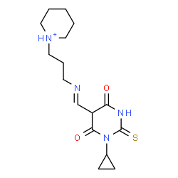 ChemSpider 2D Image | 1-(3-{(E)-[(1-Cyclopropyl-4,6-dioxo-2-thioxohexahydro-5-pyrimidinyl)methylene]amino}propyl)piperidinium | C16H25N4O2S