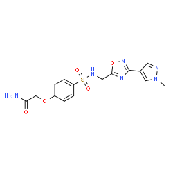 ChemSpider 2D Image | 2-[4-({[3-(1-Methyl-1H-pyrazol-4-yl)-1,2,4-oxadiazol-5-yl]methyl}sulfamoyl)phenoxy]acetamide | C15H16N6O5S