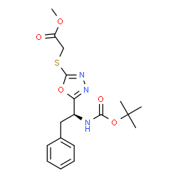 ChemSpider 2D Image | Methyl ({5-[(1S)-1-({[(2-methyl-2-propanyl)oxy]carbonyl}amino)-2-phenylethyl]-1,3,4-oxadiazol-2-yl}sulfanyl)acetate | C18H23N3O5S