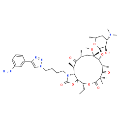ChemSpider 2D Image | (3aS,4R,7S,9S,10R,11S,13R,15R,15aR)-1-{4-[4-(3-Aminophenyl)-1H-1,2,3-triazol-1-yl]butyl}-4-ethyl-7-fluoro-11-methoxy-3a,7,9,11,13,15-hexamethyl-2,6,8,14-tetraoxotetradecahydro-2H-oxacyclotetradecino[4
,3-d][1,3]oxazol-10-yl 3,4,6-trideoxy-3-(dimethylamino)-alpha-D-xylo-hexopyranoside | C43H65FN6O10