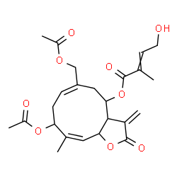ChemSpider 2D Image | (6E,10Z)-9-Acetoxy-6-(acetoxymethyl)-10-methyl-3-methylene-2-oxo-2,3,3a,4,5,8,9,11a-octahydrocyclodeca[b]furan-4-yl 4-hydroxy-2-methyl-2-butenoate | C24H30O9