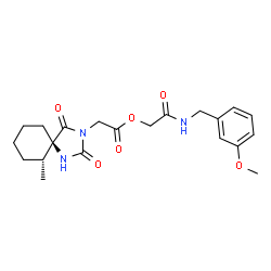ChemSpider 2D Image | 2-[(3-Methoxybenzyl)amino]-2-oxoethyl [(5R,6R)-6-methyl-2,4-dioxo-1,3-diazaspiro[4.5]dec-3-yl]acetate | C21H27N3O6