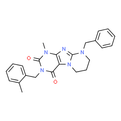 ChemSpider 2D Image | 9-Benzyl-1-methyl-3-(2-methylbenzyl)-6,7,8,9-tetrahydropyrimido[2,1-f]purine-2,4(1H,3H)-dione | C24H25N5O2