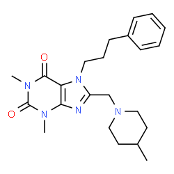 ChemSpider 2D Image | 1,3-Dimethyl-8-[(4-methyl-1-piperidinyl)methyl]-7-(3-phenylpropyl)-3,7-dihydro-1H-purine-2,6-dione | C23H31N5O2